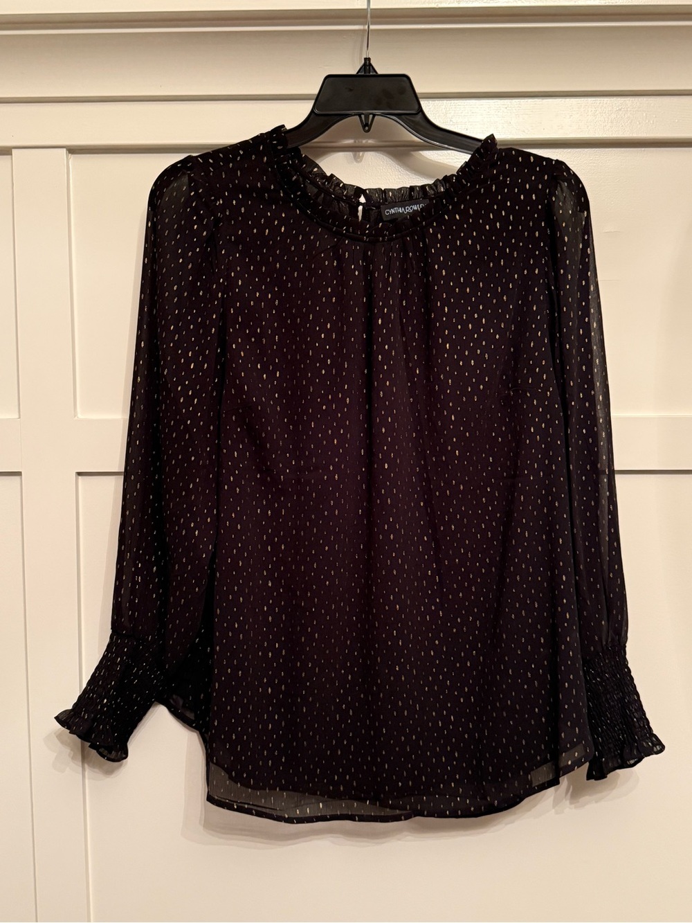 Cynthia Rowley 1X Black Gold Metallic Dot Sheer Sleeve Blouse